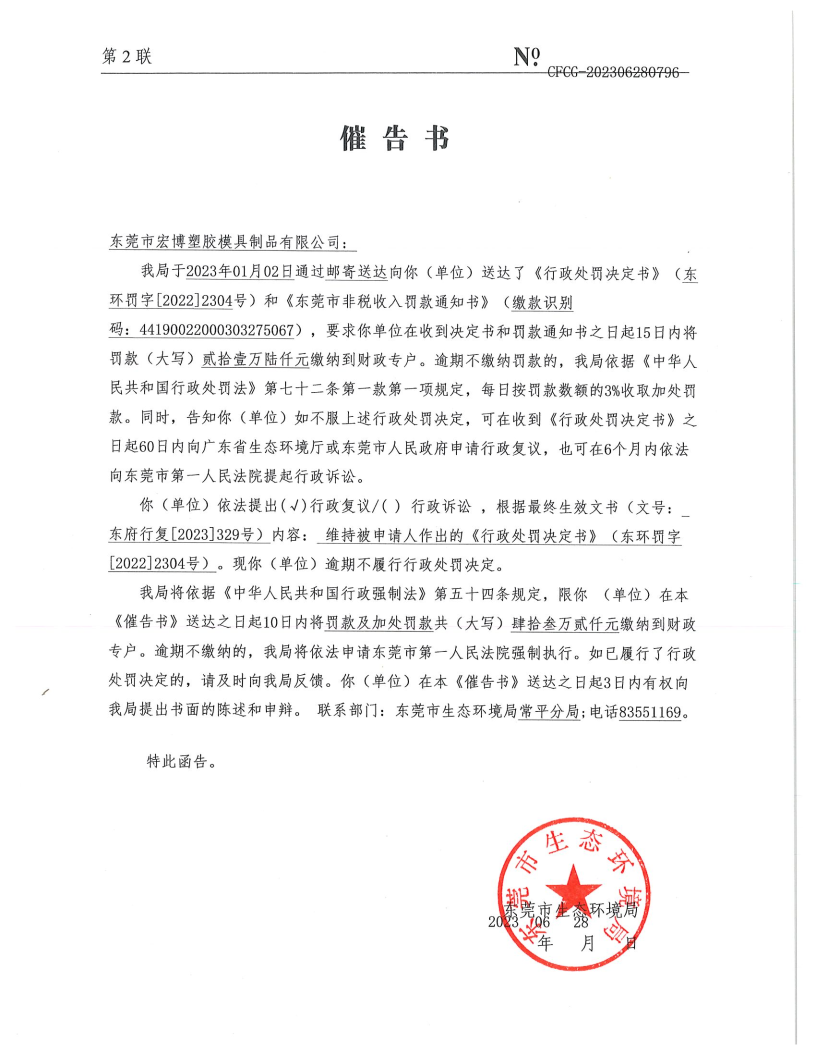 关于东莞市宏博塑胶模具制品有限公司《催告书》（NO.CFCG-202306280796）的公告送达.png